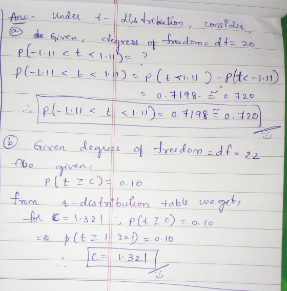 1 Ans: Under to distribution, consider @ de Given, degress of freedom= dt=20 plolllct<1.13= ? IPC-ullata lip) =P(t=1:1) 2 - P