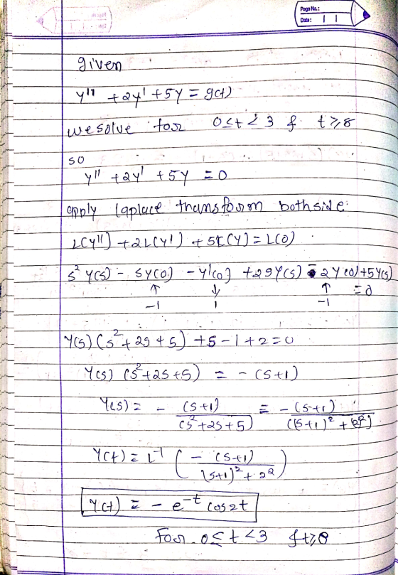Pago Ma: Data: given ++ 457 - 94) ost 23 f £78 wesolve for so yl +2y + 5y = 0 opply tapluce transforum bothside LCyll] Tal