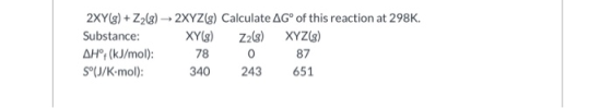 2XY(g) + Z2(g) → 2XYZ(g) Calculate AGº of this reaction at 298K. Substance: XY(8) Z2(8) XYZ(3) AH°F (kJ/mol): 78 0 87 S°(J/K