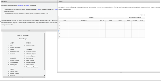 nstructions Journal The following errors took place in journalizing and posting transactions: Journalize the entries on Decem
