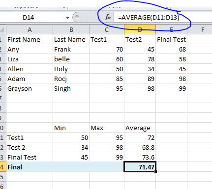 D14 F A First Name 2 Any 3 Liza Allen Adam 5 Grayson fx =AVERAGE(D11:013) B с Last Name Testi Test2 Final Test Frank 70 45 68