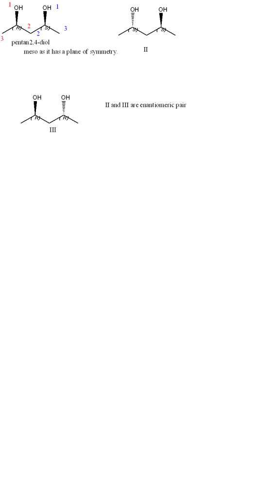 1 он он 1 ОН 2 2 % З pentan 2,4-diol meso as it has a plane of symmetry. п он он III] о II and III are enantiomeric pair RS