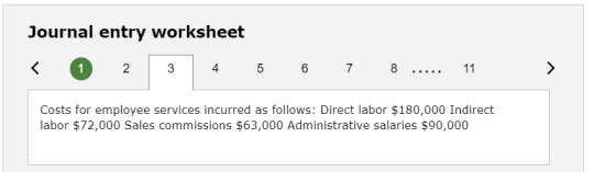 Journal entry worksheet < 1 2 3 4 5 6 7 8 ..... 11 Costs for employee services incurred as follows: Direct labor $180,000 Ind