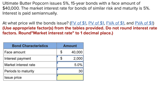 Ultimate Butter Popcorn issues 5%, 15-year bonds with a face amount of $40,000. The market interest rate for bonds of similar