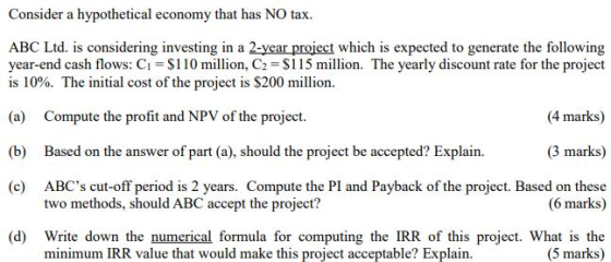 Consider a hypothetical economy that has NO tax. ABC Ltd. is considering investing in a 2-year project which is expected to g