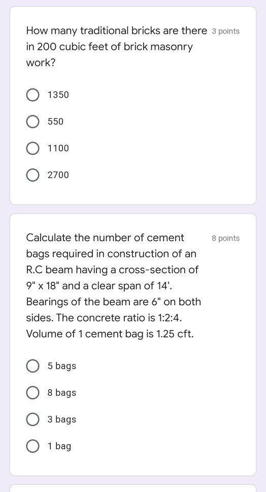 How many traditional bricks are there 3 points in 200 cubic feet of brick masonry work? 1350 550 1100 2700 8 points Calculate