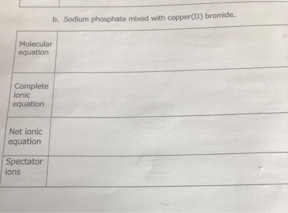 b. Sodium phosphate mixed with copper(II) bromide. Molecular equation Complete ionic equation Net ionic equation Spectator io