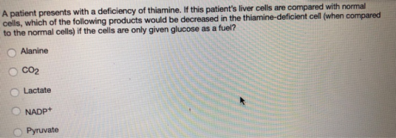 A patient presents with a deficiency of thiamine. If this patients liver cells are compared with normal cells, which of the