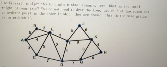 Use Kruskal s algorithm to find a minimal spanning tree. What is the total weight of your tree? You do not need to draw the