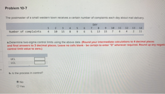Problem 10-7 The postmaster of a small western town receives a certain number of complaints each day about mail delivery. 1 4
