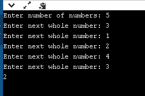 Enter number of numbers: 5 Enter next whole number: 3 Enter next whole number: 1 Enter next whole number: 2 Enter next whole