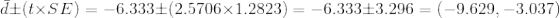 \bar{d}\pm (t \times SE)=-6.333\pm (2.5706\times 1.2823)=-6.333\pm 3.296=(-9.629,-3.037)
