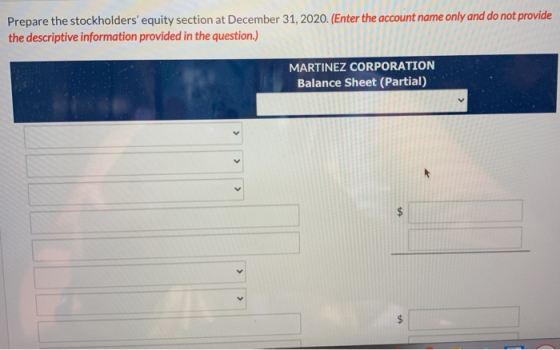 Prepare the stockholders equity section at December 31, 2020. (Enter the account name only and do not provide the descriptiv
