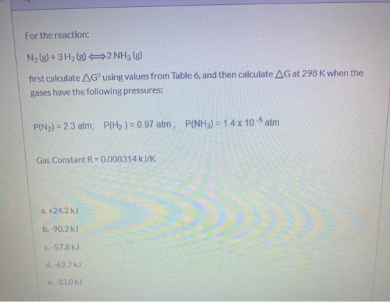 For the reaction: N2(g) + 3H2(g) 22 NH3 (8) first calculate AGº using values from Table 6, and then calculate AG at 298 K whe