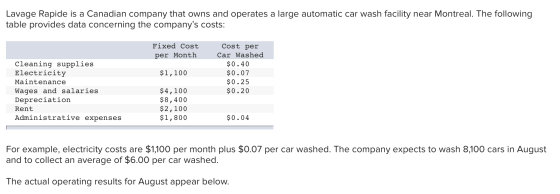 Lavage Rapide is a Canadian company that owns and operates a large automatic car wash facility near Montreal. The following t
