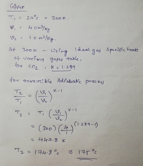 Given Ti = 27°c 3ook. &, h.om/kg V₂ 1.0 m3/kg. At 3ook Using Ideal gas specific heats of various gases table, Ik=1.289 for CO