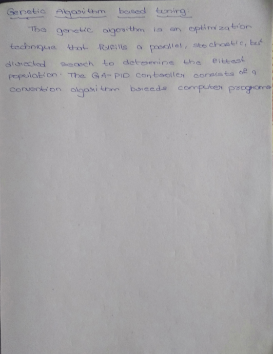 Genetic Algorithm based tuning The genetic algorithm is an optimization technique that fulfills a poorallel, stochastic, beit