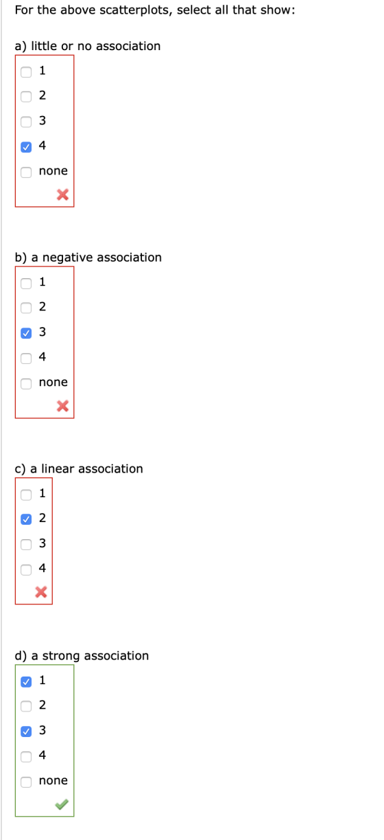 For the above scatterplots, select all that show: a) little or no association Ооооо none b) a negative association О О О О О