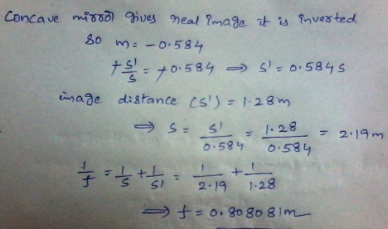Concave mirror gives real image it is inverted so m= – 0.584 + = +0.584 s=0.5845 image distance (s)=1.28m S- S = 1.28 - 2.1