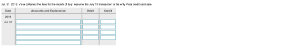 Jul. 31, 2018: Vista collected the fees for the month of July. Assume the July 15 transaction is the only Vista credit card s