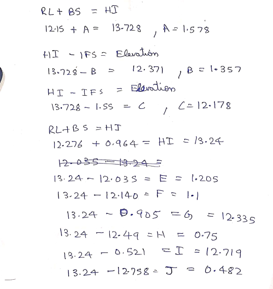 RL + BS = HI 12-15 + A = 13-728 A = 1.578 BE10357 HI -1F5 = Elevation 13.725 - B 12.371 Elevation HI IFS 13.728 1.SS - C = C-