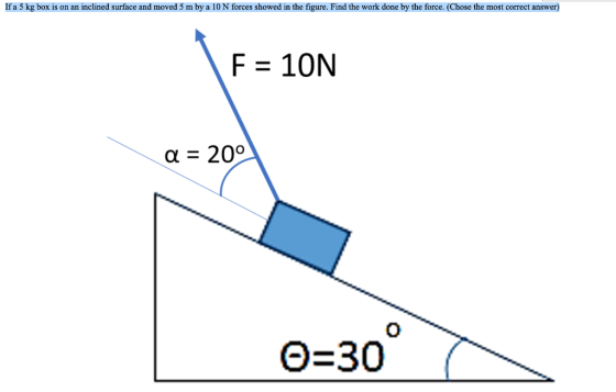 If a 5 kg box is on an inclined surface and moved 5 m by a 10 N forces showed in the figure. Find the work done by the force.