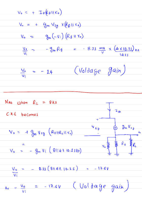 Vo = + Iokollro) Vo = + 9m Vsg x[Roll ro) Vo = go (vi) (Rouro) Won -gmRo = - 8.33 mm * (4x(0.21) ma 14.25 vi 2-24 (voldage ga