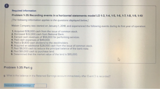 Required information Problem 1-35 Recording events in a horizontal statements model LO 1-3, 1-4, 1-5, 1-6, 1-7, 1-8, 1-9,1-10 The following information applies to the questions displayed below Maben Company was started on January 1, 2018, and experienced the following events during its first year of operation: 1 Acquired $38,000 cash from the issue of common stock 2 Borrowed $32,000 cash from National Bank 3. Earned cash revenues of $56,000 for performing services 4. Paid cash expenses of $49,000 5. Paid a $1,800 cash dividend to the stockholders 6. Acquired an additional $28.000 cash from the issue of common stock 7. Paid $8,000 cash to reduce the principal balance of the bank note 8. Paid $61,000 cash to purchase land 9. Determined that the market value of the land is $85,000. Problem 1-35 Part g 9. What is the balance in the Retained Earnings account immediately ofter Event 3 is recorded? Balance in retained earnings