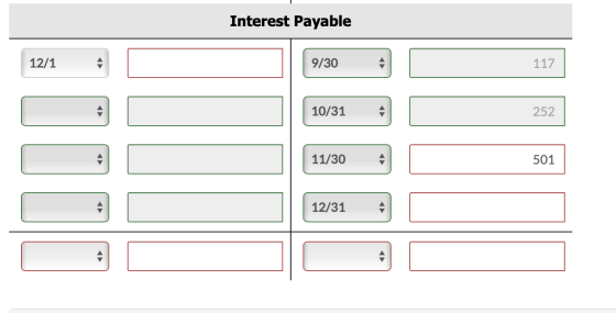 Interest Payable 12/1 9/30 117 10/31 252 11/30 501 12/31