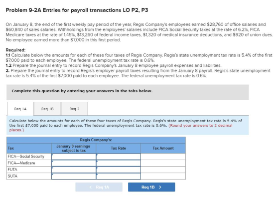 Problem 9-2A Entries for payroll transactions LO P2, P3 On January 8, the end of the first weekly pay period of the year, Reg