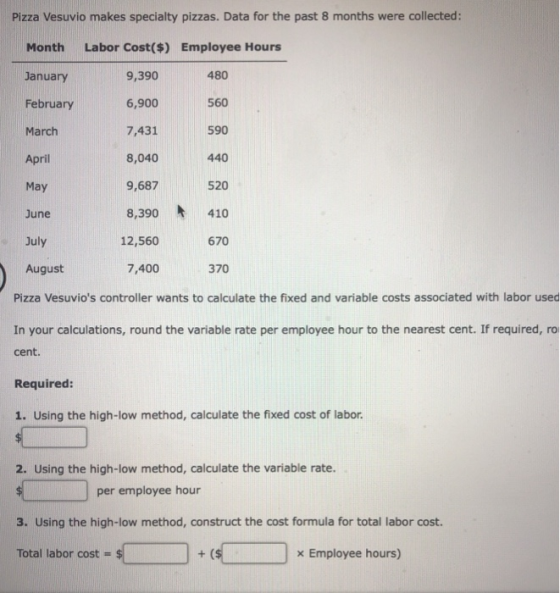 Pizza Vesuvio makes specialty pizzas. Data for the past 8 months were collected: Month Labor Cost($) Employee Hours January 9