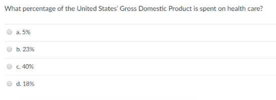 What percentage of the United States Gross Domestic Product is spent on health care? a. 5% b. 2396 с. 40% О O d. 1896