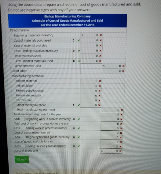 Using the above data, prepare a schedule of cost of goods manufactured and sold. Do not use negative signs with any of your a