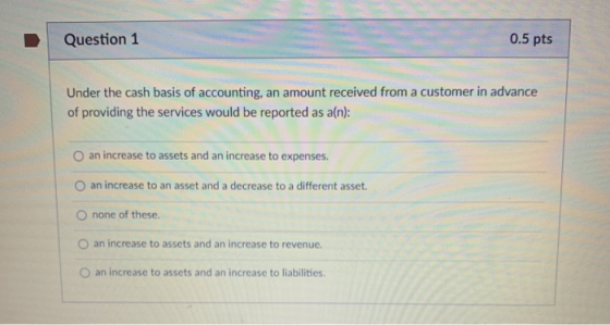 Question 1 0.5 pts Under the cash basis of accounting, an amount received from a customer in advance of providing the service