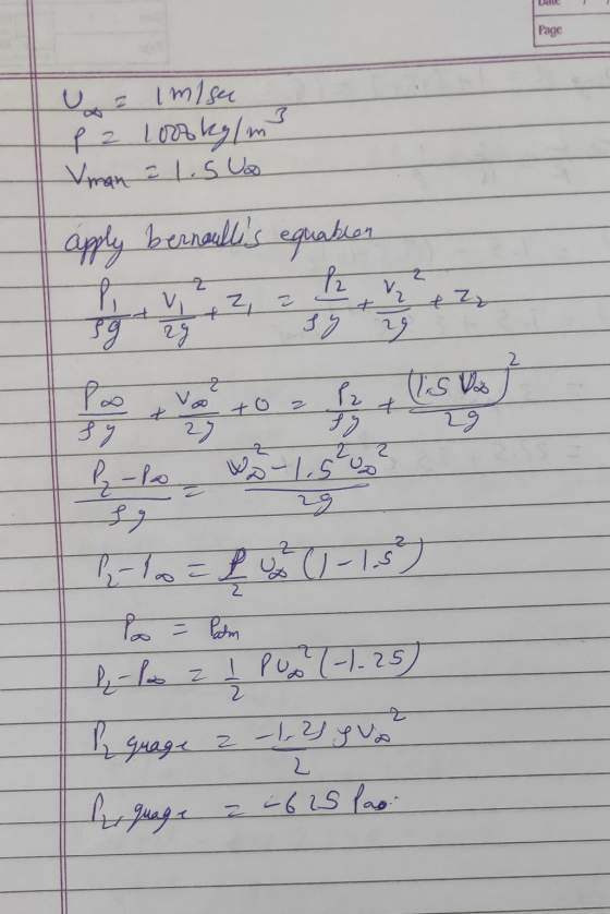 Page u Imisu 12 Looo kylm Vman = 1.5a apply bernaulls equation Po = Calm Il-lo z Į puas (-1.25) I quage aub z guo 2 2 هه ی ک