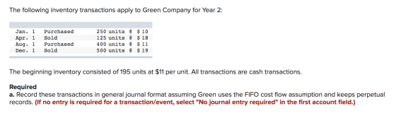 The following inventory transactions apply to Green Company for Year 2: Jan. 1 Apr. 1 Aug. 1 Dec. 1 Purchased Sold Purchased