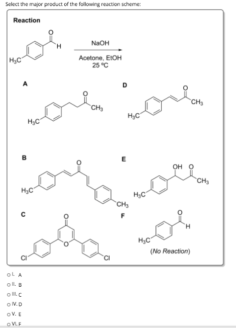 Select the major product of the following reaction scheme: Reaction H NaOH |H₃C Acetone, EtOH 25°C CH3 CH3 H3C H3C B E он о