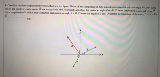 4. Consider the three displacement vectors shown in the figure: Vector Ä has a magnitude of 8.00 km and a direction that left of the positive yaxis, vector B has a magnitude of 6.10 km and a direction that makes an angle of a 330P above the positive x-axis, and vector has a magnitude of 440 km and a direction that makes an angle β = 570 makes an angle 0 - 29,0° to the below the negative x-axis. Determine the magnitude of the vector D- A-B- km B.