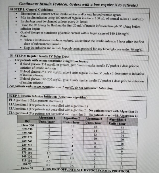 Continuous Insulin Protocol Orders with a box require X to activate./ STEP 1: General Guidelines Discontinue all current acti