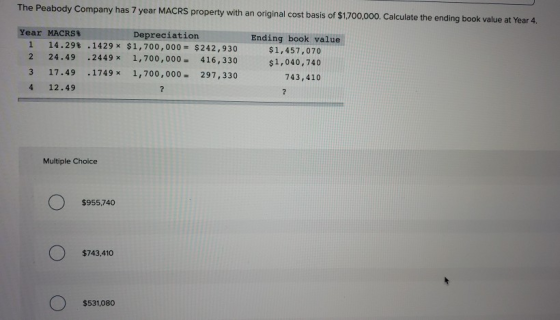 The Peabody Company has 7 year MACRS property with an original cost basis of $1,700,000. Calculate the ending book value at Y