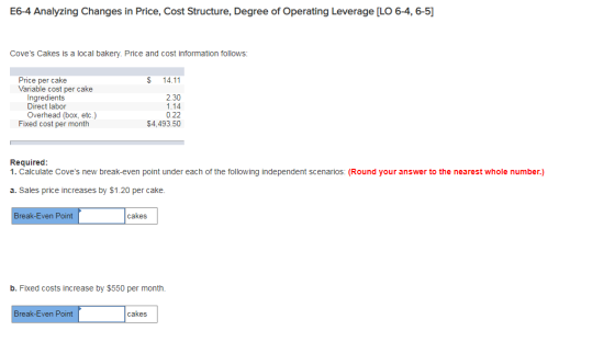 E6-4 Analyzing Changes in Price, Cost Structure, Degree of Operating Leverage [LO 6-4, 6-5] Coves Cakes is a local bakery. P