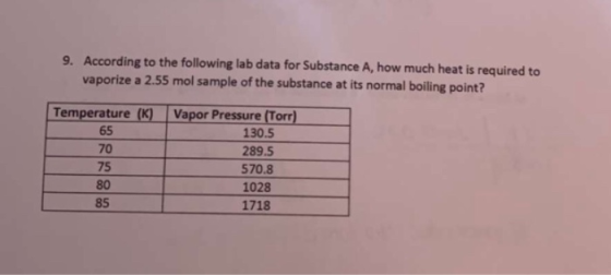 9. According to the following lab data for Substance A, how much heat is required to vaporize a 2.55 mol sample of the substa