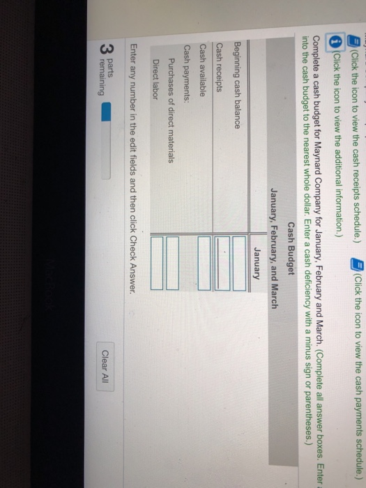 (Click the icon to view the cash receipts schedule.) (Click the icon to view the cash payments schedule.) Click the icon to v