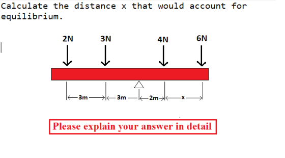 Calculate the distance x that would account for equilibrium. 2N 3N 4N 6N Kom kan Anak -3m-13mK2mKX Please explain your answer