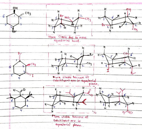 OH sto more stable sue to more quatorial bond. H HACH3 6 I more stable because 911 substituent are in equatorial I plane er 1