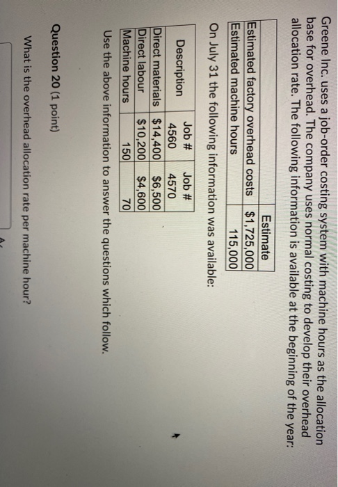 Greene Inc. uses a job-order costing system with machine hours as the allocation base for overhead. The company uses normal c