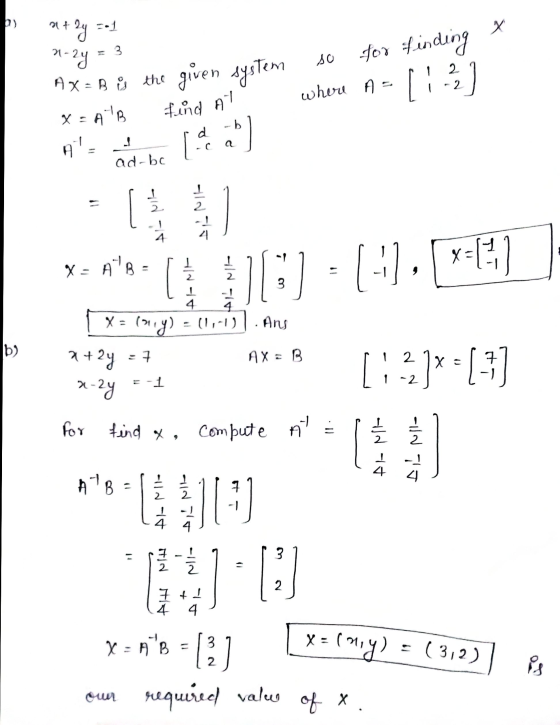 b) at 2y = -1 X so n-zy AX= B is the given system for finding [13] where A X=AB find at -b d 3 41 ad-bc aldi 4 1 X = AB - 71