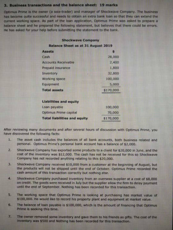 3. Business transactions and the balance sheet: 19 marks Optimus Prime is the owner (a sole-trader) and manager of Shockwave