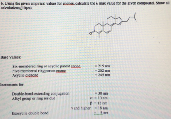 6. Using the given empirical values for enones, calculate the à max value for the given compound. Show all calculations (10pt