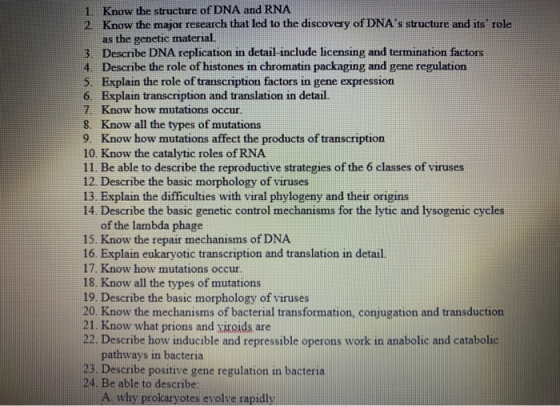 1. Know the structure of DNA and RNA 2. Know the major research that led to the discovery of DNAs structure and its role as